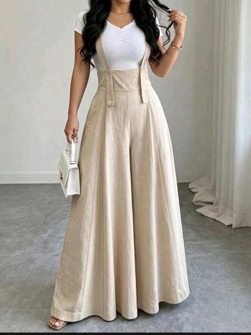 High-Waist Wide-Leg Suspender Jumpsuit in Light Beige